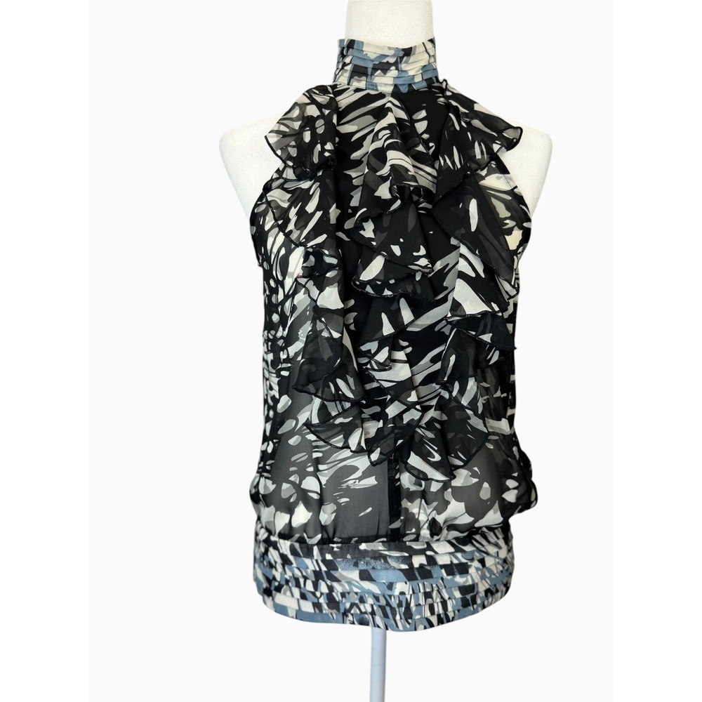 Adiva Women's Small Ruffle Halter Blouse Black Gray Blue Abstract Chiffon NWOT